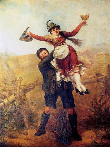 Young Man Holding A Young Woman On His Shoulder In Celebration Oil Painting by Franz Xaver Mayer