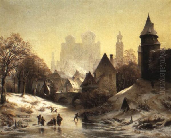 Children Playing On A Frozen River Outside A Town by Friedrich (Der Rote) Mayer