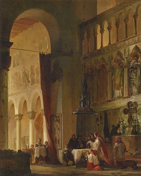 Baptism In A Neo-romanesque Chapel Oil Painting by Friedrich Carl Mayer