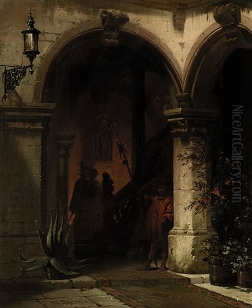 Scharwache Vor Einem Portal Eines Nurnberger Burgerhauses Oil Painting by Friedrich Carl Mayer