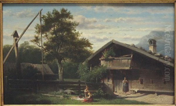 Sommerliche Ansicht Eines Bayrischen Hofs Mit Kindern Und Magd Oil Painting by Friedrich Carl Mayer