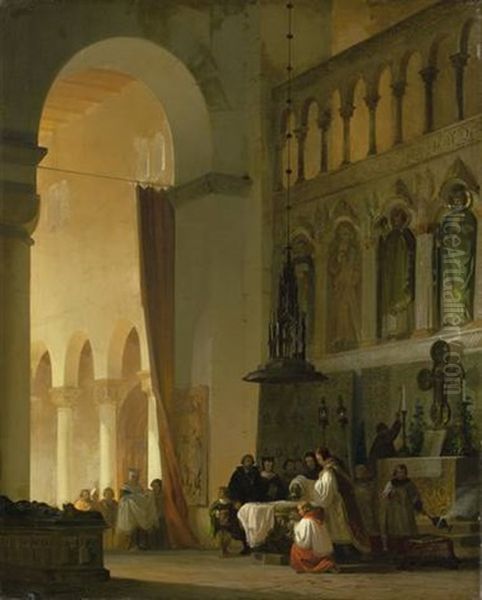 Taufe Eines Kindes Vor Dem Seitenaltar Einer Basilika Oil Painting by Friedrich Carl Mayer