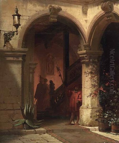 Scharwache Vor Einem Portal Eines Nurnberger Burgerhauses, Im Hintergrund Gehen Festlich Gekleidete Damen Die Treppe Hinauf Oil Painting by Friedrich Carl Mayer