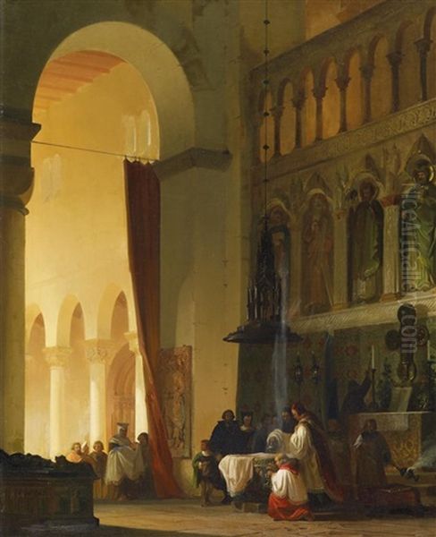 Taufe In Einer Romanischen Kirche Oil Painting by Friedrich Carl Mayer