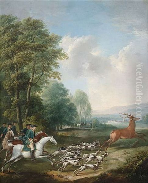 Hirschhatz Mit Jagdreitern Und Hundemeute Vor Weitem Landschaftshintergrund Mit Schlossarchitektur Im Tal Oil Painting by Georg Friedrich Mayer