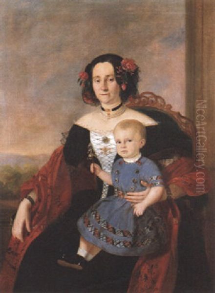 Portrat Einer Adeligen Dame Mit Kleinkind Oil Painting by Johann Nepomuk Mayer