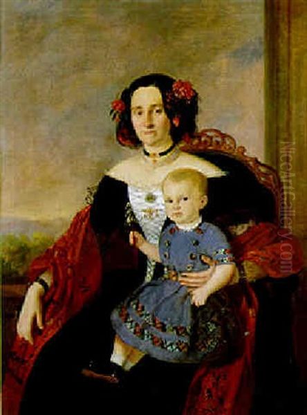 Portrat Einer Adeligen Dame Mit Kleinkind Oil Painting by Johann Nepomuk Mayer