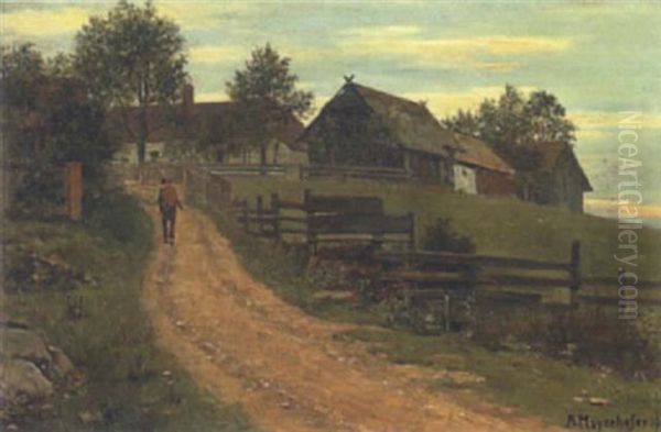 Abendstimmung Am Bauernhof Oil Painting by Adolf Mayerhofer