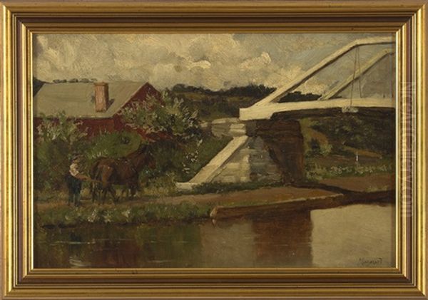 Landscape With Barn, Bridge And Man Driving A Team Of Horses Oil Painting by George Willoughby Maynard