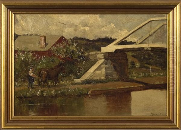 Landscape With Barn, Bridge And Man Driving A Team Of Horses Oil Painting by George Willoughby Maynard