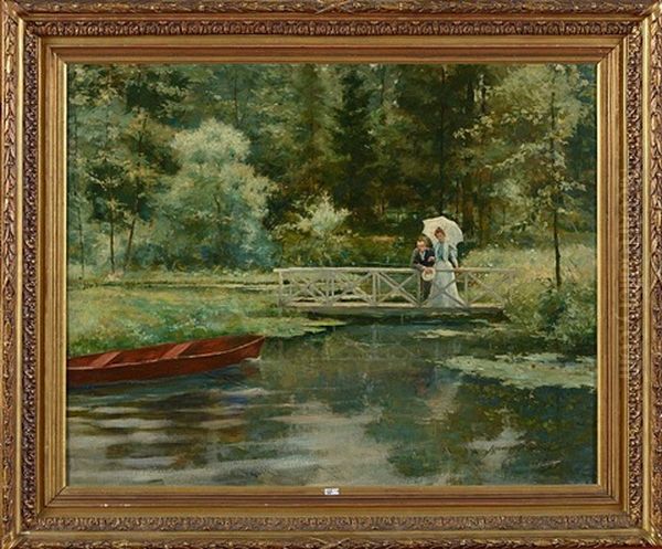 Couple Sur Le Pont Enjambant Un Lac Oil Painting by Jean Mayne