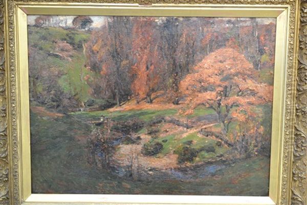 A Wooded Valley On The North Yorkshire Moors, A Mother And Child Crossing A Bridge Oil Painting by Fred Mayor