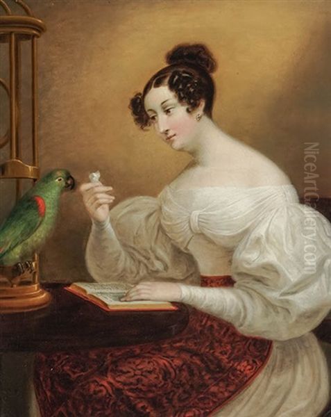 A Lady Feeding A Parrot Oil Painting by Christian Mayr