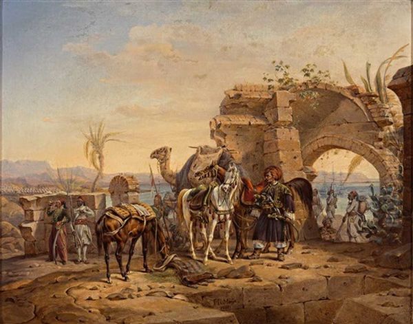 Orientalischer Furst Rastet Mit Seinem Gefolge Vor Einer Bastion Uber Dem Meer Oil Painting by Heinrich Von Mayr