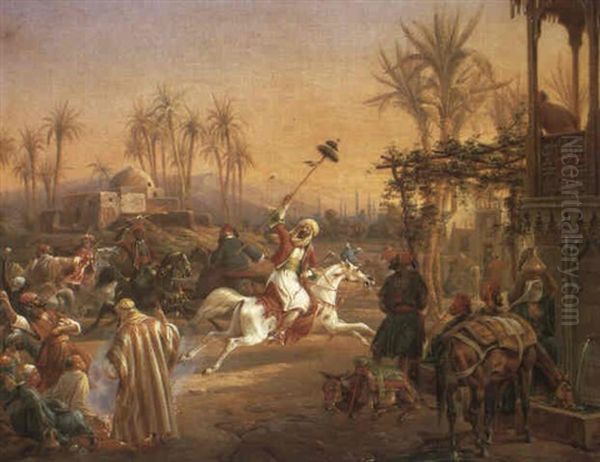 Arab Horsemen At Play Oil Painting by Heinrich Von Mayr