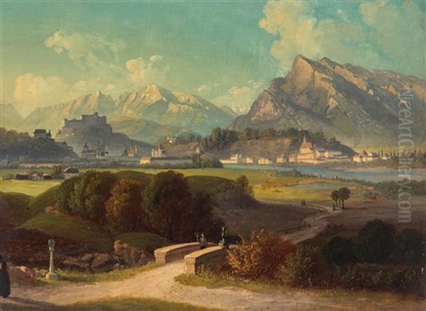 Blick Auf Salzburg Von Der Plainbrucke Oil Painting by Josef Mayr