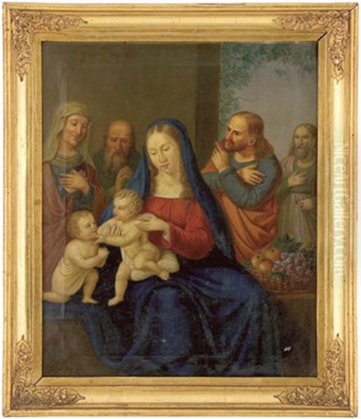 Die Hl. Familie Mit Elisabeth, Zacharias Und Dem Johannesknaben Sowie Verehrender Person Oil Painting by Josef Mayr