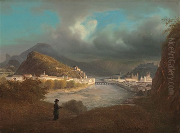 Blick Auf Salzburg, Im Hintergrund Der Untersberg Und Der Hohe Goll (+ Blick Auf Salzburg Mit Dem Kapuzinerberg; 2 Works) by Josef Mayr