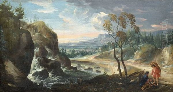 Ausgedehnte Flusslandschaft Mit Wasserfall. Im Vordergrund Rechts Hirte Mit Ziegenherde Und Ein Wandersmann Oil Painting by Josef Georg Mayr