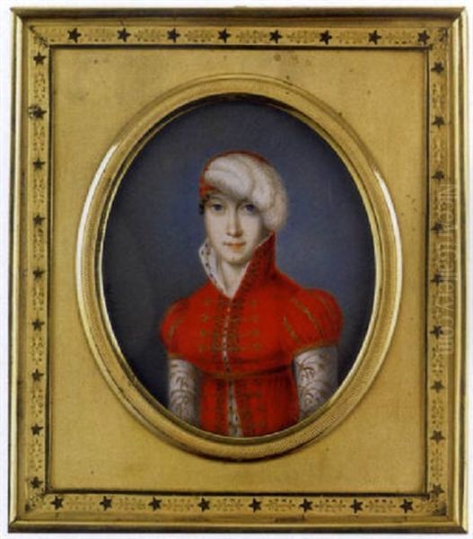 Portrait De L'imperatrice Marie-louise D'autriche Portant Une Robe De Cour En Velours Rouge Bordee D'hermine, Brandebourgs Or, Manches De Soie Blanche Rebrodees D'epis De Ble Or Oil Painting by Peter Mayr