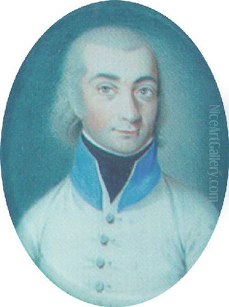 A Officer With Long Powdered Hair And Slide-whiskers, Wearing A White Uniform With Blue Collar Oil Painting by Peter Mayr