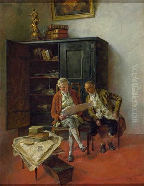 Zwei Bibliophile Studieren Eine Urkunde. Meisterlich Charakterisiert Oil Painting by Carl Mayr-Graetz