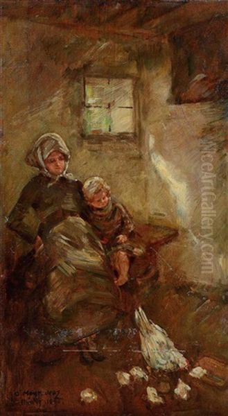 Mutter Und Kind Mit Huhnern In Der Stube (+ Interieurskizze, Verso) Oil Painting by Carl Mayr-Graetz