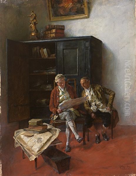 Zwei Sitzende Herren Betrachten Pergamente Oil Painting by Carl Mayr-Graetz