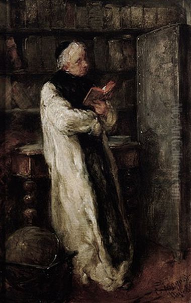 Lesender Monch Im Weisen Habit Mit Schwarzem Skapulier Vor Bibliothekshintergrund Oil Painting by Carl Mayr-Graetz