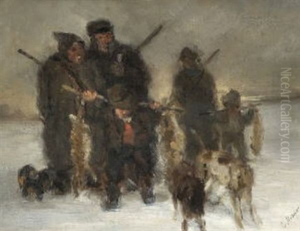 Hasenjager Mit Ihrer Beute In Winterlandschaft Oil Painting by Carl Mayr-Graetz