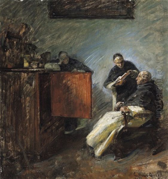 Monche In Der Stube Oil Painting by Carl Mayr-Graetz