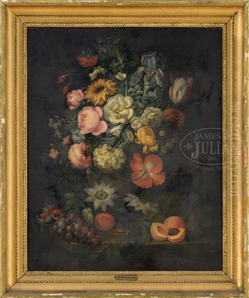 Still-life Of Flowers In An Urn With Bird Oil Painting by Johann Nepomuk Mayrhofer