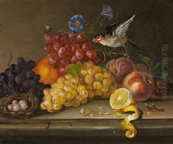 Fruchtestillleben Mit Vogel Oil Painting by Johann Nepomuk Mayrhofer