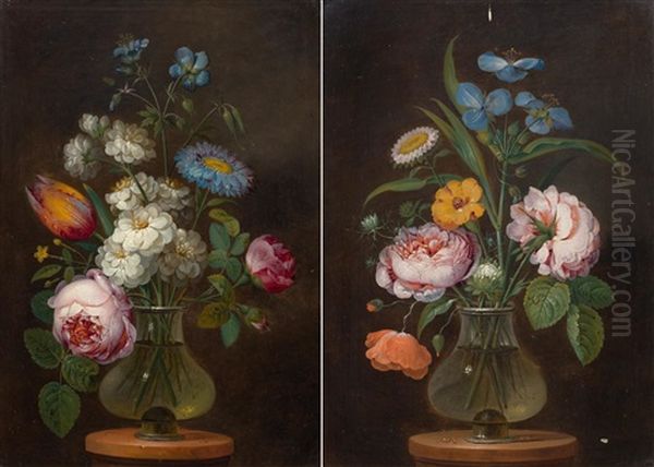 Pair Of Works: Flower Bouquets On A Stone Plinth Oil Painting by Johann Nepomuk Mayrhofer