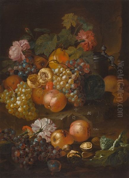 Stillleben Mit Blumen, Fruchten Und Insekten by Johann Nepomuk Mayrhofer