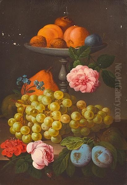 Still Life With Fruit And Flowers Oil Painting by Johann Nepomuk Mayrhofer