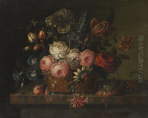 A Still Life Of Roses, Convolvulus, Tulips, Honeysuckle, A Passion Flower And Other Flowers In A Basket On A Marble Ledge; And A Still Life Of Roses, Tulips, Hyacinths, Honeysuckle And Other Flowers In A Basket Beside Strawberries And A Peach (pair) Oil Painting by Johann Nepomuk Mayrhofer