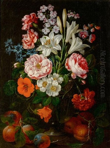 Blumenstilleben In Einer Glasvase Mit Fruchten Oil Painting by Johann Nepomuk Mayrhofer