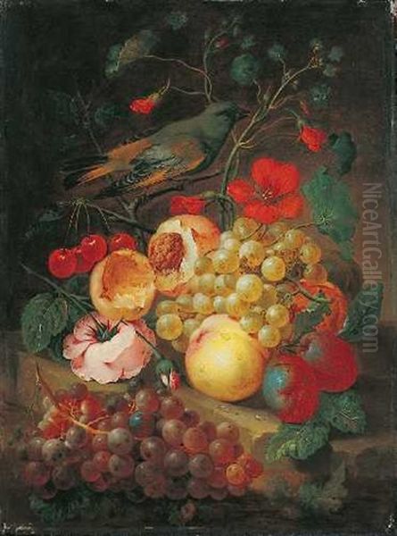 Zwei Stillleben Mit Fruchten, Blumen Und Vogel Oil Painting by Johann Nepomuk Mayrhofer