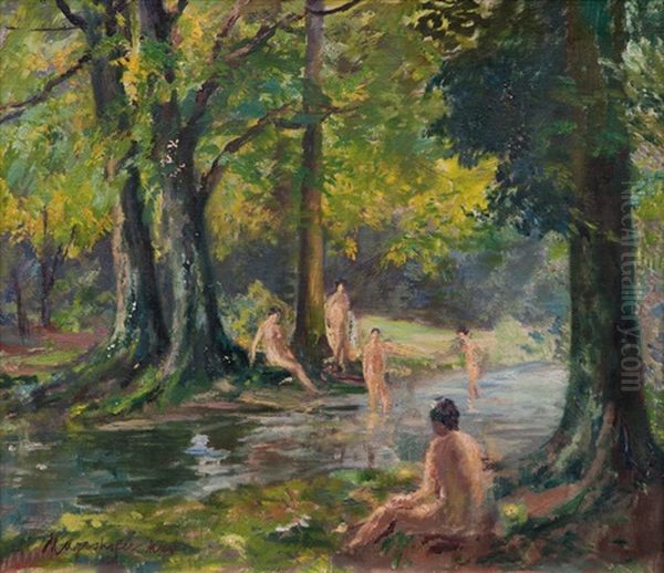 Nudes By A Creek Oil Painting by Max Mayrshofer