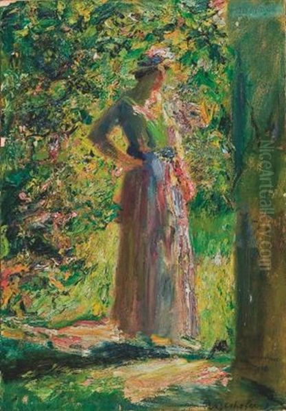 Stehende Dame Im Garten Oil Painting by Max Mayrshofer