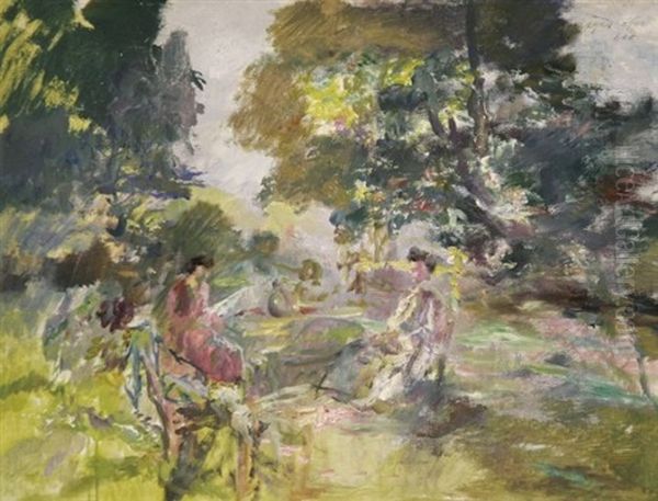 Zwei Frauen Am Gartentisch Oil Painting by Max Mayrshofer