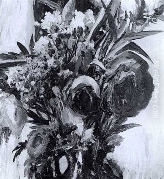 Blumenstrauss Mit Rosen In Blauem Krug Vor Hellem           Hintergrund Oil Painting by Max Mayrshofer