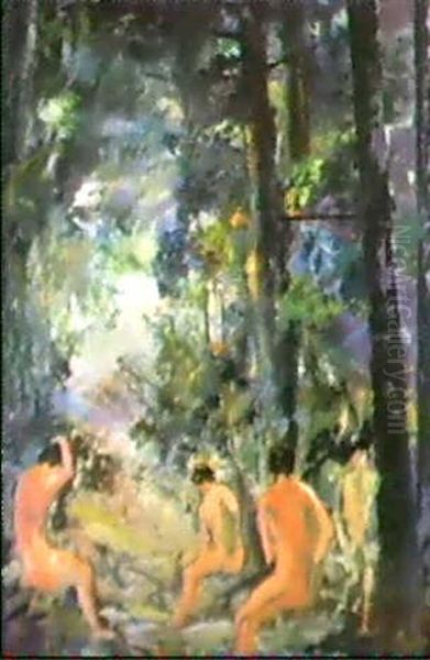 Waldpartie Mit Badenden Oil Painting by Max Mayrshofer