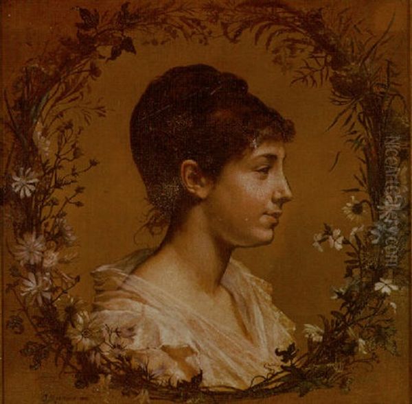 Portrait Of A Young Woman Within Wreath Of Flowers Oil Painting by Alexis Joseph Mazerolle