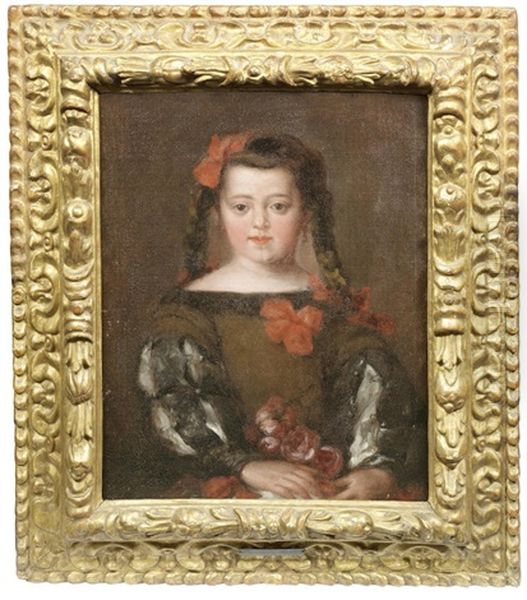 Portrait Of A Girl, Half-length, In A Brown Dress Holding Flowers Oil Painting by Juan Bautista Martinez del Mazo