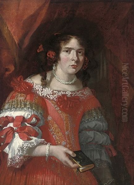 Portrait Of A Lady In A Red And Gold Embroidered Dress With Red Bows And Lace Trimmings Oil Painting by Juan Bautista Martinez del Mazo