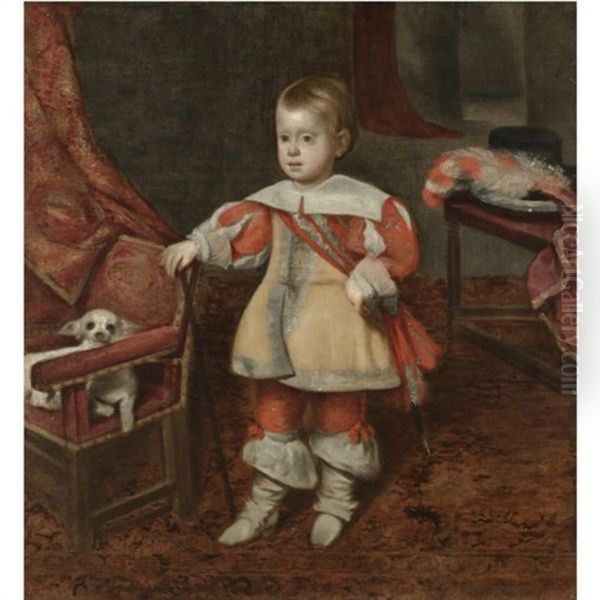 Portrait Of Principe Don Felipe Prospero, Son Of Philip Iv Of Spain, Standing In An Interior, His Right Hand Resting On The Back Of A Chair On Which Sits A Pet Dog Oil Painting by Juan Bautista Martinez del Mazo