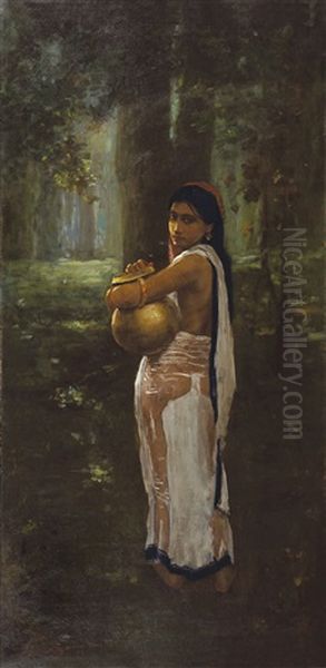 Untitled (woman With Pitcher) Oil Painting by Hemen Mazumdar