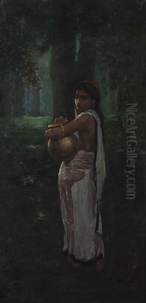 Untitled (woman With Pitcher) Oil Painting by Hemen Mazumdar